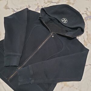 Lululemon Women's Black Zip-Up Hoodie With Silver Logo On Hood. Size 10